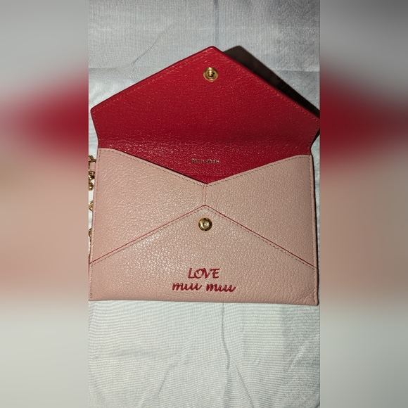 MIU MIU Madras Love Goatskin Wristlet Pouch Orchidea Heart Button Gold Chain VGC - Picture 4 of 10